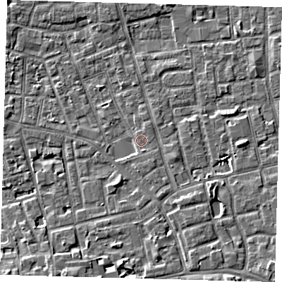 Shaded relief map of the ground around SE156LY, computed from Environment Agency LiDAR. The ground here sits at about 4 m above sea level and falls 6 m across the surrounding 800 m. Surface water reaching this point runs off ground lying to the south-south-east, 1.3 m higher.