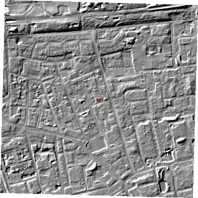 Shaded relief map of the ground around SE156LZ, computed from Environment Agency LiDAR. The ground here sits at about 3 m above sea level and falls 7 m across the surrounding 800 m. Surface water reaching this point runs off ground lying to the south-south-east, 2.2 m higher.