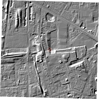 Shaded relief map of the ground around SE156NF, computed from Environment Agency LiDAR. The ground here sits at about 3 m above sea level and falls 8 m across the surrounding 800 m. Surface water reaching this point runs off ground lying to the south-east, 6.7 m higher.
