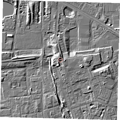 Shaded relief map of the ground around SE156NH, computed from Environment Agency LiDAR. The ground here sits at about 6 m above sea level and falls 8 m across the surrounding 800 m. Surface water reaching this point runs off ground lying to the south-south-west, 2.9 m higher.