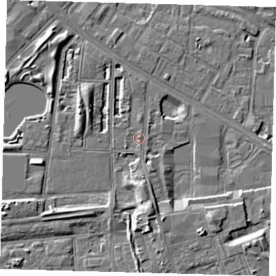Shaded relief map of the ground around SE156NN, computed from Environment Agency LiDAR. The ground here sits at about 3 m above sea level and falls 9 m across the surrounding 800 m. Surface water reaching this point runs off ground lying to the east-south-east, 0.8 m higher.