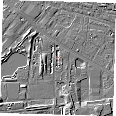 Shaded relief map of the ground around SE156NP, computed from Environment Agency LiDAR. The ground here sits at about 1 m above sea level and falls 8 m across the surrounding 800 m. Surface water reaching this point runs off ground lying to the south, 2.8 m higher.