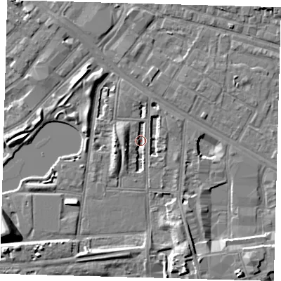 Shaded relief map of the ground around SE156NR, computed from Environment Agency LiDAR. The ground here sits at about 1 m above sea level and falls 10 m across the surrounding 800 m. Surface water reaching this point runs off ground lying to the east-south-east, 2.8 m higher.