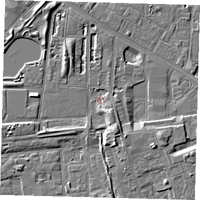 Shaded relief map of the ground around SE156NZ, computed from Environment Agency LiDAR. The ground here sits at about 2 m above sea level and falls 9 m across the surrounding 800 m. Surface water reaching this point runs off ground lying to the south-east, 4.1 m higher.