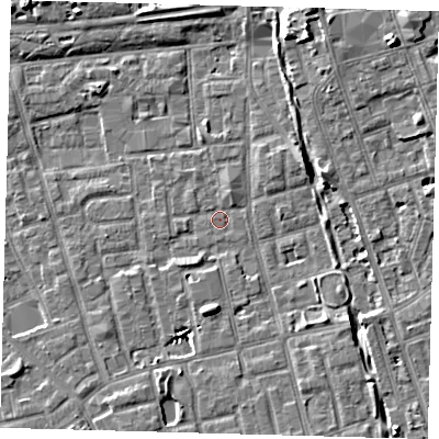 Shaded relief map of the ground around SE156PB, computed from Environment Agency LiDAR. The ground here sits at about 3 m above sea level and falls 7 m across the surrounding 800 m. Surface water reaching this point runs off ground lying to the north-east, 6.1 m higher.