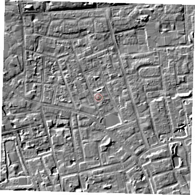 Shaded relief map of the ground around SE156PH, computed from Environment Agency LiDAR. The ground here sits at about 3 m above sea level and falls 6 m across the surrounding 800 m. Surface water reaching this point runs off ground lying to the south-east, 1.7 m higher.