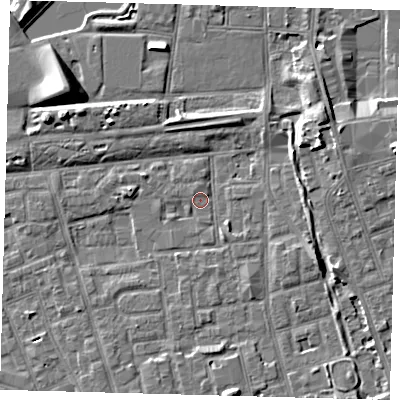 Shaded relief map of the ground around SE156QB, computed from Environment Agency LiDAR. The ground here sits at about 2 m above sea level and falls 8 m across the surrounding 800 m. Surface water reaching this point runs off ground lying to the east-north-east, 6.1 m higher.