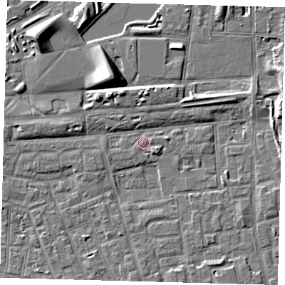 Shaded relief map of the ground around SE156QE, computed from Environment Agency LiDAR. The ground here sits at about 3 m above sea level and falls 9 m across the surrounding 800 m. Surface water reaching this point runs off ground lying to the east, 1.4 m higher.