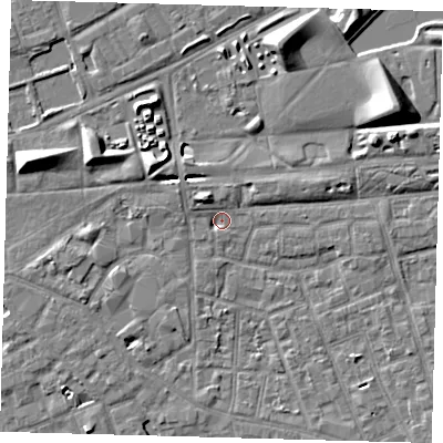 Shaded relief map of the ground around SE156QR, computed from Environment Agency LiDAR. The ground here sits at about 2 m above sea level and falls 9 m across the surrounding 800 m. Surface water reaching this point runs off ground lying to the north-west, 4.5 m higher.