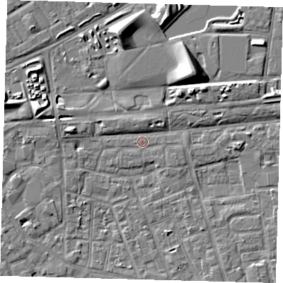 Shaded relief map of the ground around SE156QT, computed from Environment Agency LiDAR. The ground here sits at about 2 m above sea level and falls 9 m across the surrounding 800 m. Surface water reaching this point runs off ground lying to the west, 4.5 m higher.