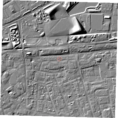 Shaded relief map of the ground around SE156QU, computed from Environment Agency LiDAR. The ground here sits at about 2 m above sea level and falls 9 m across the surrounding 800 m. Surface water reaching this point runs off ground lying to the west, 4.5 m higher.