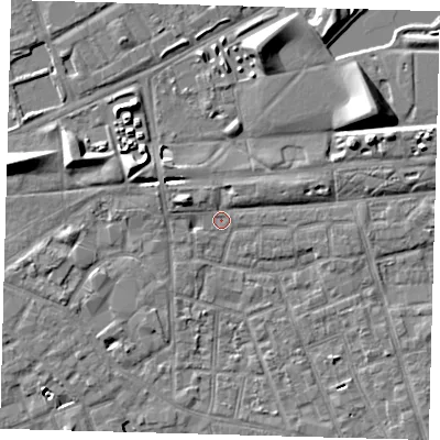 Shaded relief map of the ground around SE156QW, computed from Environment Agency LiDAR. The ground here sits at about 2 m above sea level and falls 9 m across the surrounding 800 m. Surface water reaching this point runs off ground lying to the west-north-west, 4.5 m higher.