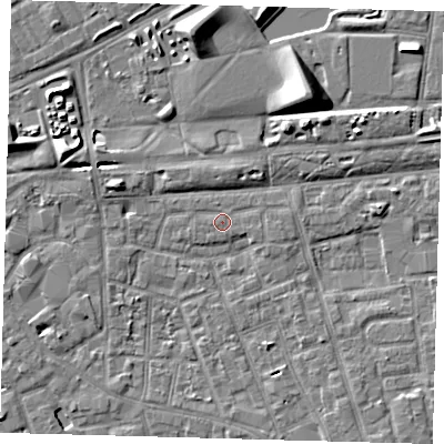 Shaded relief map of the ground around SE156QX, computed from Environment Agency LiDAR. The ground here sits at about 3 m above sea level and falls 9 m across the surrounding 800 m. Surface water reaching this point runs off ground lying to the east-south-east, 0.8 m higher.