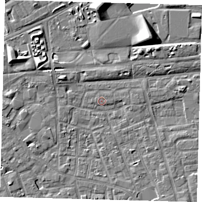 Shaded relief map of the ground around SE156QY, computed from Environment Agency LiDAR. The ground here sits at about 3 m above sea level and falls 9 m across the surrounding 800 m. Surface water reaching this point runs off ground lying to the west-north-west, 4.5 m higher.
