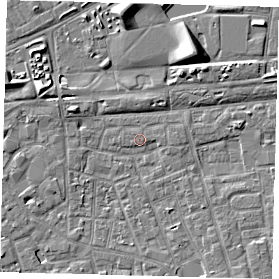 Shaded relief map of the ground around SE156QZ, computed from Environment Agency LiDAR. The ground here sits at about 3 m above sea level and falls 9 m across the surrounding 800 m. Surface water reaching this point runs off ground lying to the west-north-west, 4.5 m higher.