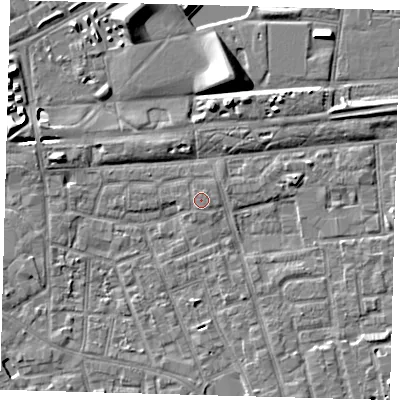 Shaded relief map of the ground around SE156RA, computed from Environment Agency LiDAR. The ground here sits at about 3 m above sea level and falls 9 m across the surrounding 800 m. The ground contributing surface water to this point lies to the south-south-west.