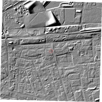 Shaded relief map of the ground around SE156RB, computed from Environment Agency LiDAR. The ground here sits at about 3 m above sea level and falls 9 m across the surrounding 800 m. The ground contributing surface water to this point lies to the south-west.