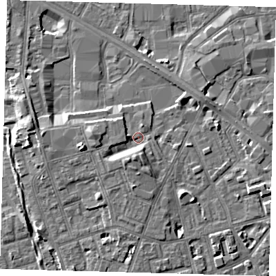 Shaded relief map of the ground around SE156TH, computed from Environment Agency LiDAR. The ground here sits at about 3 m above sea level and falls 8 m across the surrounding 800 m. Surface water reaching this point runs off ground lying to the south-south-west, 3.7 m higher.