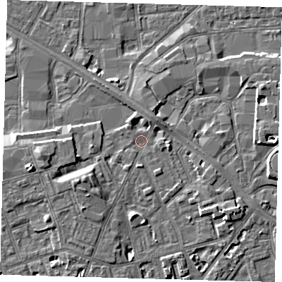 Shaded relief map of the ground around SE156TW, computed from Environment Agency LiDAR. The ground here sits at about 3 m above sea level and falls 8 m across the surrounding 800 m. Surface water reaching this point runs off ground lying to the west-south-west, 5.0 m higher.