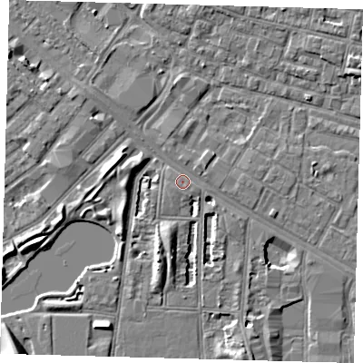 Shaded relief map of the ground around SE15AA, computed from Environment Agency LiDAR. The ground here sits at about 3 m above sea level and falls 8 m across the surrounding 800 m. Surface water reaching this point runs off ground lying to the south-east, 1.1 m higher.