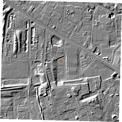 Shaded relief map of the ground around SE15AN, computed from Environment Agency LiDAR. The ground here sits at about 1 m above sea level and falls 11 m across the surrounding 800 m. Surface water reaching this point runs off ground lying to the south-south-east, 6.7 m higher.