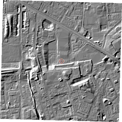 Shaded relief map of the ground around SE15AU, computed from Environment Agency LiDAR. The ground here sits at about 2 m above sea level and falls 8 m across the surrounding 800 m. Surface water reaching this point runs off ground lying to the south, 6.4 m higher.