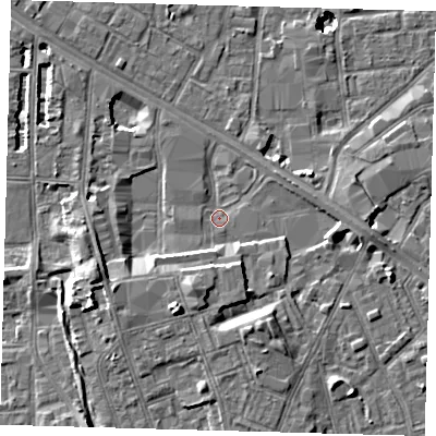 Shaded relief map of the ground around SE15AY, computed from Environment Agency LiDAR. The ground here sits at about 2 m above sea level and falls 11 m across the surrounding 800 m. Surface water reaching this point runs off ground lying to the south-south-west, 6.6 m higher.