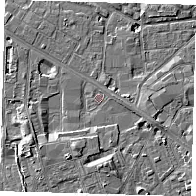 Shaded relief map of the ground around SE15BA, computed from Environment Agency LiDAR. The ground here sits at about 2 m above sea level and falls 11 m across the surrounding 800 m. Surface water reaching this point runs off ground lying to the south-south-west, 6.6 m higher.