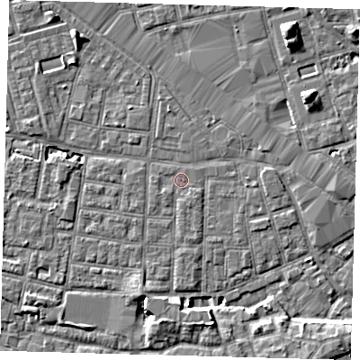 Shaded relief map of the ground around SE15BH, computed from Environment Agency LiDAR. The ground here sits at about 2 m above sea level and falls 8 m across the surrounding 800 m. Surface water reaching this point runs off ground lying to the west-south-west, 0.8 m higher.
