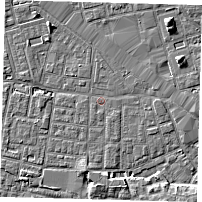 Shaded relief map of the ground around SE15BJ, computed from Environment Agency LiDAR. The ground here sits at about 2 m above sea level and falls 8 m across the surrounding 800 m. Surface water reaching this point runs off ground lying to the north, 1.2 m higher.