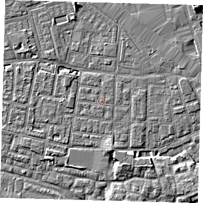 Shaded relief map of the ground around SE15BN, computed from Environment Agency LiDAR. The ground here sits at about 2 m above sea level and falls 7 m across the surrounding 800 m. Surface water reaching this point runs off ground lying to the east, 0.6 m higher.