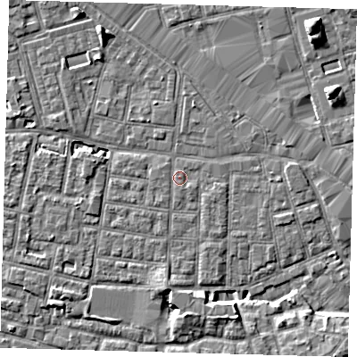 Shaded relief map of the ground around SE15BP, computed from Environment Agency LiDAR. The ground here sits at about 2 m above sea level and falls 8 m across the surrounding 800 m. Surface water reaching this point runs off ground lying to the south-south-east, 0.6 m higher.