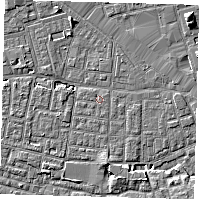 Shaded relief map of the ground around SE15BQ, computed from Environment Agency LiDAR. The ground here sits at about 2 m above sea level and falls 8 m across the surrounding 800 m. Surface water reaching this point runs off ground lying to the south-south-east, 0.6 m higher.