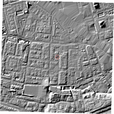 Shaded relief map of the ground around SE15BS, computed from Environment Agency LiDAR. The ground here sits at about 2 m above sea level and falls 8 m across the surrounding 800 m. Surface water reaching this point runs off ground lying to the west, 0.7 m higher.