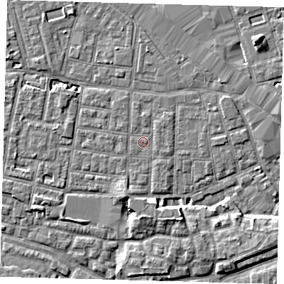 Shaded relief map of the ground around SE15BU, computed from Environment Agency LiDAR. The ground here sits at about 2 m above sea level and falls 7 m across the surrounding 800 m. Surface water reaching this point runs off ground lying to the north-west, 0.7 m higher.
