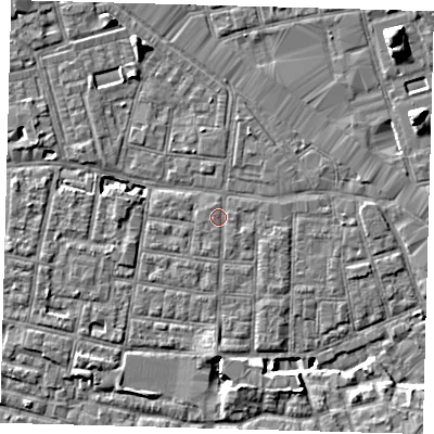 Shaded relief map of the ground around SE15BW, computed from Environment Agency LiDAR. The ground here sits at about 2 m above sea level and falls 8 m across the surrounding 800 m. Surface water reaching this point runs off ground lying to the south-east, 0.7 m higher.