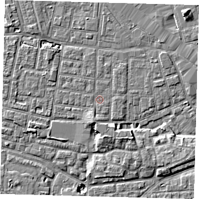 Shaded relief map of the ground around SE15BX, computed from Environment Agency LiDAR. The ground here sits at about 2 m above sea level and falls 9 m across the surrounding 800 m. Surface water reaching this point runs off ground lying to the south-south-west, 2.2 m higher.