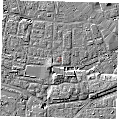 Shaded relief map of the ground around SE15BY, computed from Environment Agency LiDAR. The ground here sits at about 2 m above sea level and falls 9 m across the surrounding 800 m. Surface water reaching this point runs off ground lying to the south-west, 2.2 m higher.