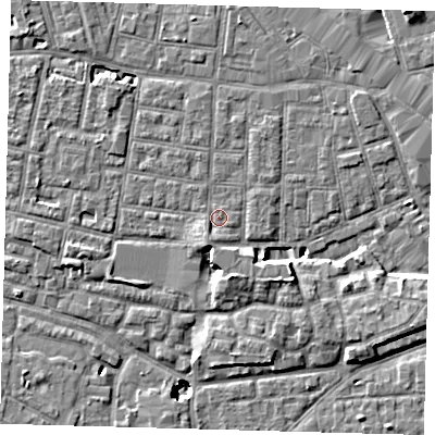 Shaded relief map of the ground around SE15BZ, computed from Environment Agency LiDAR. The ground here sits at about 2 m above sea level and falls 9 m across the surrounding 800 m. Surface water reaching this point runs off ground lying to the south-south-west, 1.9 m higher.