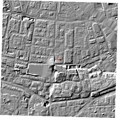 Shaded relief map of the ground around SE15DA, computed from Environment Agency LiDAR. The ground here sits at about 2 m above sea level and falls 9 m across the surrounding 800 m. Surface water reaching this point runs off ground lying to the south-west, 1.6 m higher.