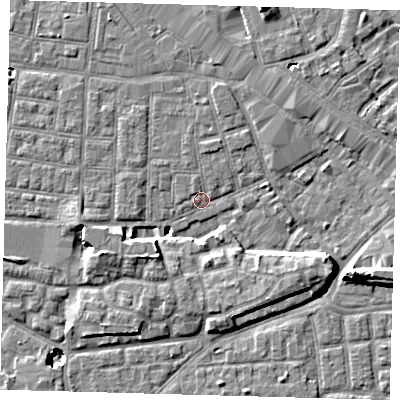 Shaded relief map of the ground around SE15DB, computed from Environment Agency LiDAR. The ground here sits at about 1 m above sea level and falls 11 m across the surrounding 800 m. Surface water reaching this point runs off ground lying to the north-north-east, 1.6 m higher.