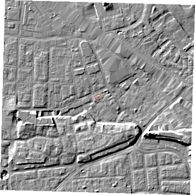 Shaded relief map of the ground around SE15DD, computed from Environment Agency LiDAR. The ground here sits at about 2 m above sea level and falls 11 m across the surrounding 800 m. Surface water reaching this point runs off ground lying to the south-south-east, 6.5 m higher.