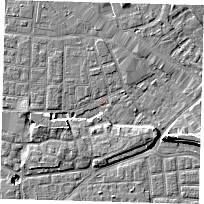 Shaded relief map of the ground around SE15DE, computed from Environment Agency LiDAR. The ground here sits at about 1 m above sea level and falls 11 m across the surrounding 800 m. Surface water reaching this point runs off ground lying to the south-east, 6.5 m higher.
