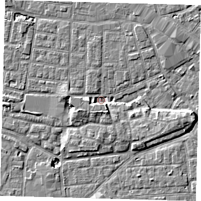 Shaded relief map of the ground around SE15DP, computed from Environment Agency LiDAR. The ground here sits at about 0 m above sea level and falls 10 m across the surrounding 800 m. Surface water reaching this point runs off ground lying to the west-south-west, 3.5 m higher.