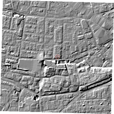 Shaded relief map of the ground around SE15DR, computed from Environment Agency LiDAR. The ground here sits at about 2 m above sea level and falls 9 m across the surrounding 800 m. Surface water reaching this point runs off ground lying to the south-south-west, 3.5 m higher.