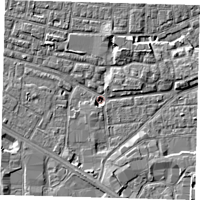 Shaded relief map of the ground around SE15DU, computed from Environment Agency LiDAR. The ground here sits at about -3 m above sea level and falls 8 m across the surrounding 800 m. Surface water reaching this point runs off ground lying to the north-north-east, 8.3 m higher.