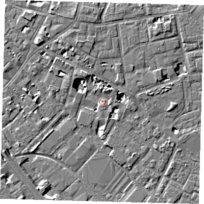 Shaded relief map of the ground around SE15ED, computed from Environment Agency LiDAR. The ground here sits at about 3 m above sea level and falls 8 m across the surrounding 800 m. Surface water reaching this point runs off ground lying to the north, 2.3 m higher.