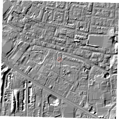 Shaded relief map of the ground around SE15EN, computed from Environment Agency LiDAR. The ground here sits at about 2 m above sea level and falls 9 m across the surrounding 800 m. Surface water reaching this point runs off ground lying to the south-south-east, 1.3 m higher.