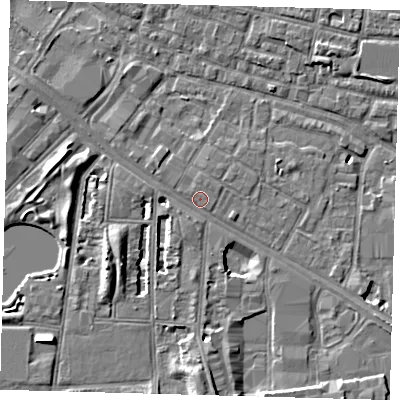 Shaded relief map of the ground around SE15EQ, computed from Environment Agency LiDAR. The ground here sits at about 2 m above sea level and falls 7 m across the surrounding 800 m. Surface water reaching this point runs off ground lying to the east-south-east, 3.7 m higher.