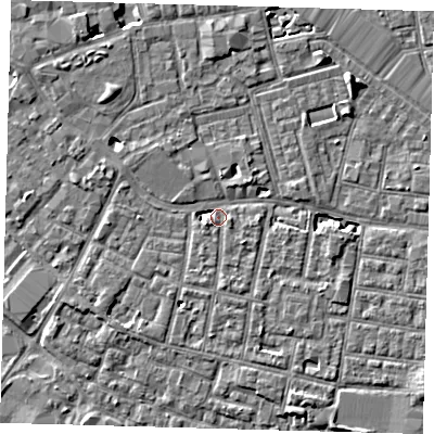 Shaded relief map of the ground around SE15ER, computed from Environment Agency LiDAR. The ground here sits at about 2 m above sea level and falls 7 m across the surrounding 800 m. Surface water reaching this point runs off ground lying to the west, 2.7 m higher.